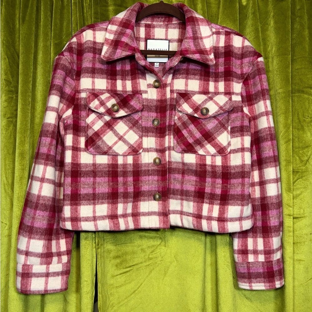 Bagatelle Collection Fleece Style Pink Plaid Shacket Jacket  Medium Retail $100